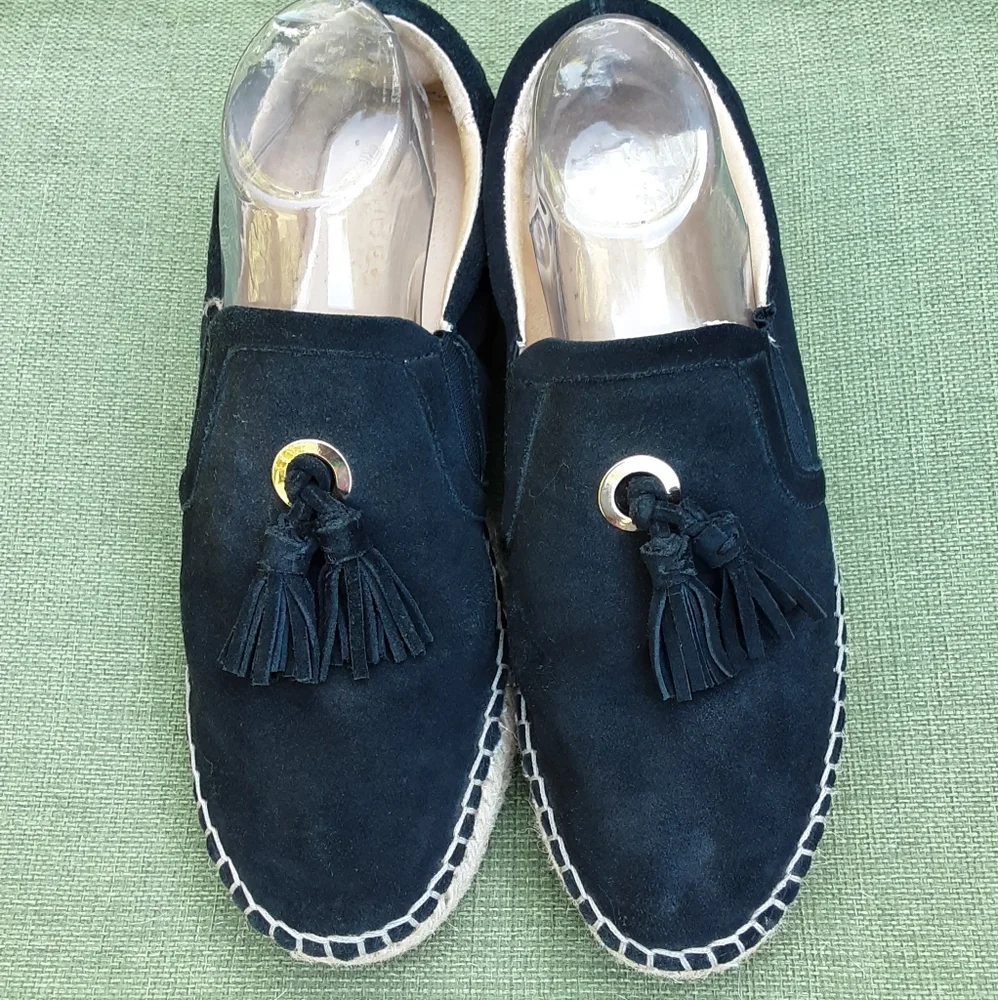 J/Slides NYC Black Suede Espadrille Slip-on Shoe with TasselDetail.